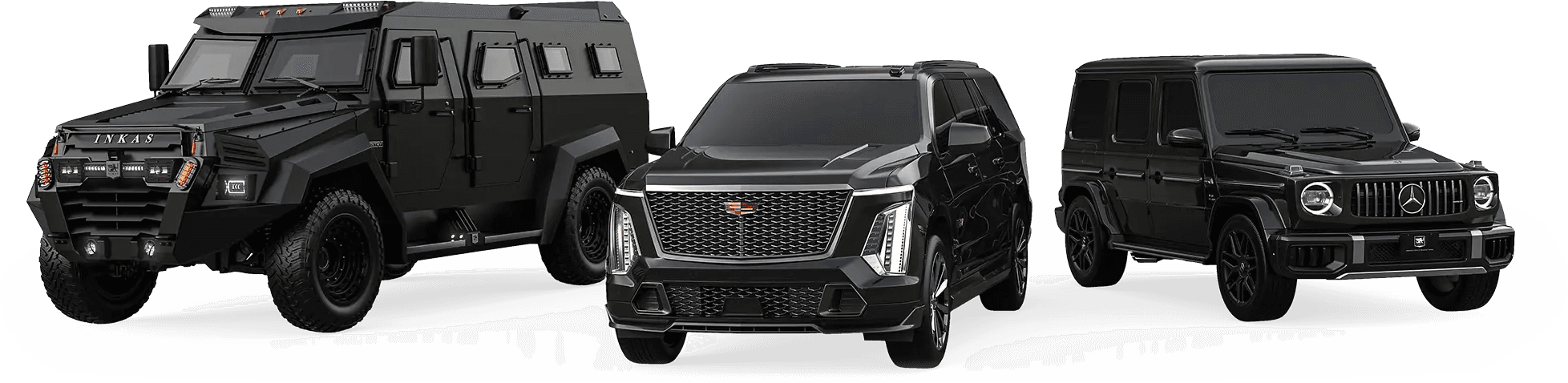 Omni Security vehicle fleet — armored transport, executive SUVs, and patrol vehicles
